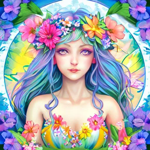 Prompt: Fairy goddess of summer floral colors, closeup
