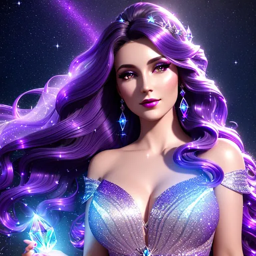 Prompt: Beautiful ethereal goddess, magic, ((wearing silver diamantine dress)) ((bright dark purple wavy hair)), glowing, trails of light, wisps, slight sparkles, outer space, unreal engine 8k octane, 3d lightning, stellar, quartz, gem rain, soft white skin, luminous chest, fantasy