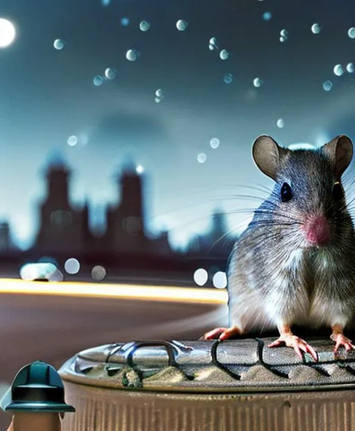 Prompt: A little mammal animal mouse staring the streets full of cars on top of a building, city, night sky, stary sky, realistic, dark colour