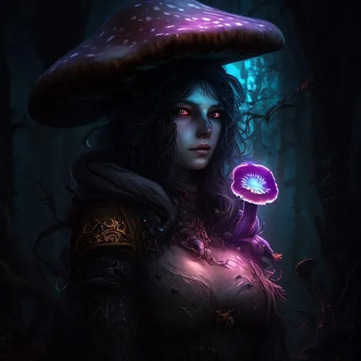 Prompt: Mysterious adventurer female druid of mushroom spores, detailed character portrait, dark fantasy vibe, creative dnd character ideas, lots of mushroom glow, grim dark, anxiety, light dress, artstation 4k