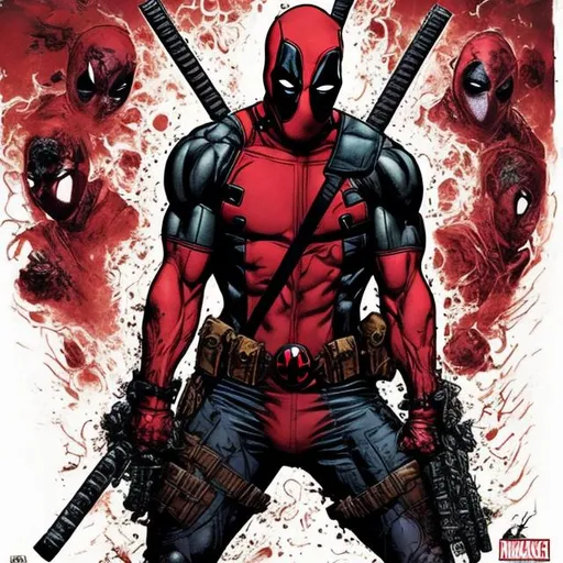 Prompt: Deadpool & Todd McFarlane spawn variant. muscular. dark gritty. Bloody. Hurt. Damaged. Accurate. realistic. evil eyes. Slow exposure. Detailed. Dirty. Dark and gritty. Post-apocalyptic. Shadows. Sinister. Intense. 