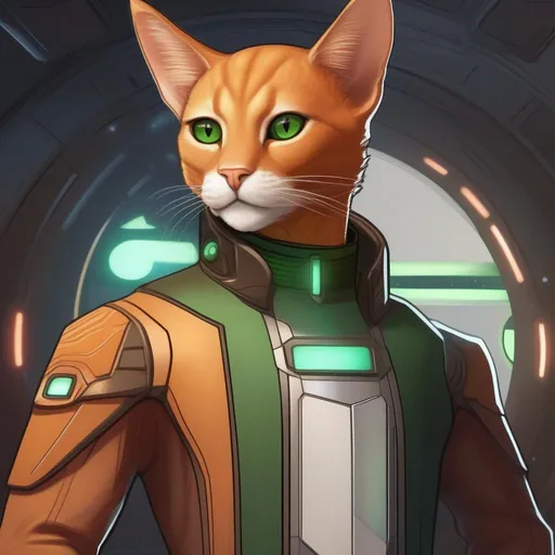Prompt:  An adult tall muscular male alien starship officer of a star wars feline species, anthropomorphic cat, barely human. He has shot ginger fur and a bronze skin. He wears a scifi suit and has green eyes. Detailed, well drawn face, Smooth skin. rpg art. Star wars art. 2d art. 2d