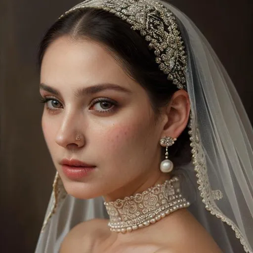 Prompt: A realistic portrait painting of a woman wearing a lace veil and pearl earrings
