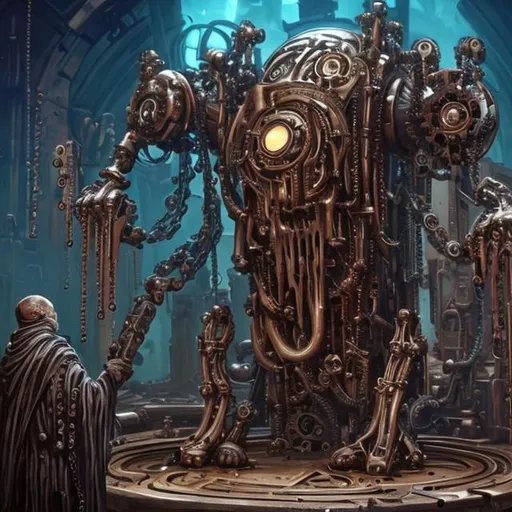 Prompt: A mechanical clockwork Old God being worshipped by hooded cultists