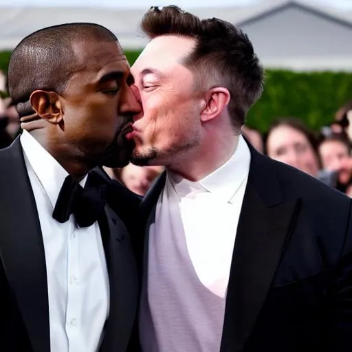 Prompt: kanye west and elon musk kissing , high quality, 8k, hdr, high detail, asthetic, handsome, portrait, 