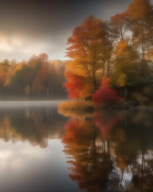 Prompt: A peaceful autumn morning landscape with rays of light peeking through the mist hovering above a glassy lake, surrounded by vibrantly colored trees (((reflecting))) in the still water. Conveys serenity, tranquility, and natural beauty. Shot with a wide angle Sony a7R IV and a 16-35mm GM lens.