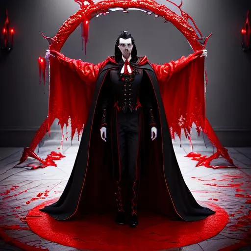 Prompt: volumetric lighting, occlusion, Unreal Engine 5 128K UHD Octane, fractal Dracula groom long black jacket red cape lined gold drinking blood awaiting bride mixed media 