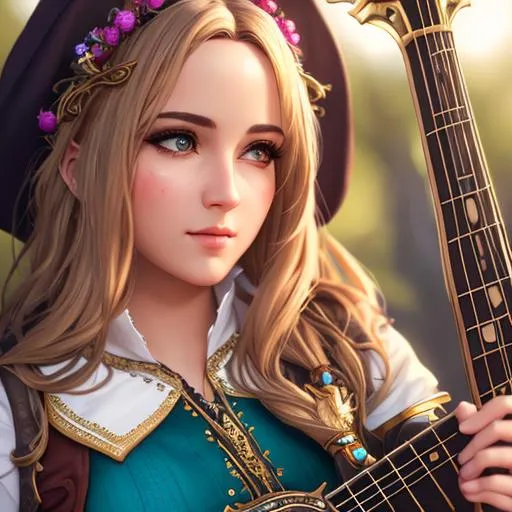 Prompt: extremely realistic, hyperdetailed, bard girl, RPG, D&D, highly detailed face, highly detailed eyes, full body, whole body visible, full character visible, soft lighting, high definition, ultra realistic, unreal engine 5, 8K, digital art