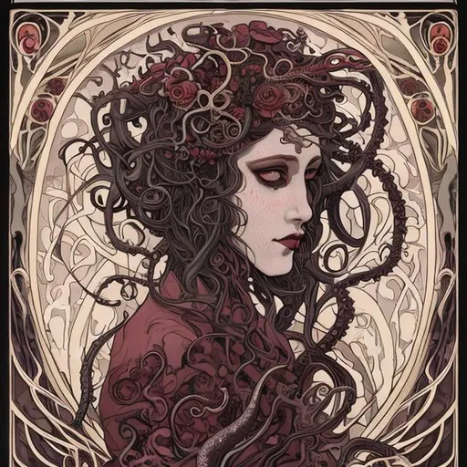 Prompt: A beautiful women embraces and merges into an Eldritch abomination in art nouveau style with tentacles and flowers the palette is very dark with blood red accents.