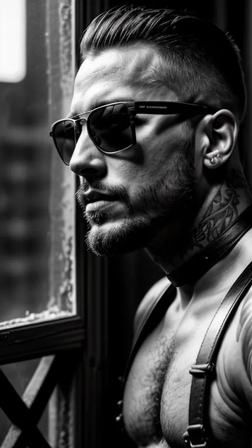 Prompt: Sensual, tattooed, shirtless man from a random continent, wearing sunglasses and a strapped leather harness, in an abandoned place near a window, cinematic, close-up bust portrait, grayscale, hyperrealistic, hyperdetailed, ambient light, perfect composition, provocative, textured skin, high contrast, profile portrait, 16K.