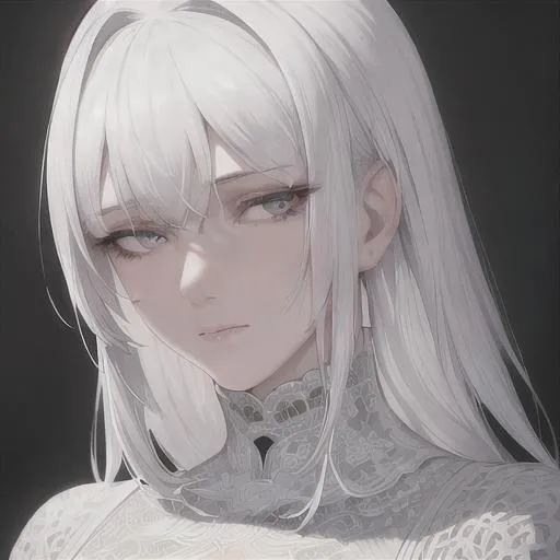 Prompt: "A close-up photo of a gorgeous trimmed white haired woman, in hyperrealistic detail, with a slight hint of loneliness in her eyes. Her face is the center of attention, with a sense of allure and mystery that draws the viewer in, but her eyes are also slightly downcast, as if a sense of loneliness is lingering in her thoughts. The detailing of her face is stunning, with every pore, freckle, and line rendered in vivid detail, but the image also captures the subtle emotions of loneliness that might lie beneath her surface."
