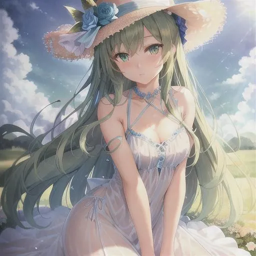 Prompt: (cowboy shot:1.5), (((masterpiece))),(((best quality))),((ultra-detailed)),(illustration),((extremely delicate and beautiful)), dynamic angle, (beautiful detailed eyes),(detailed light), 1girl, long green hair, halter dress, flat, glowing emerald eyes, plain, flowers, sun, blue sky, show belly, show shoulders, midbody, low rise