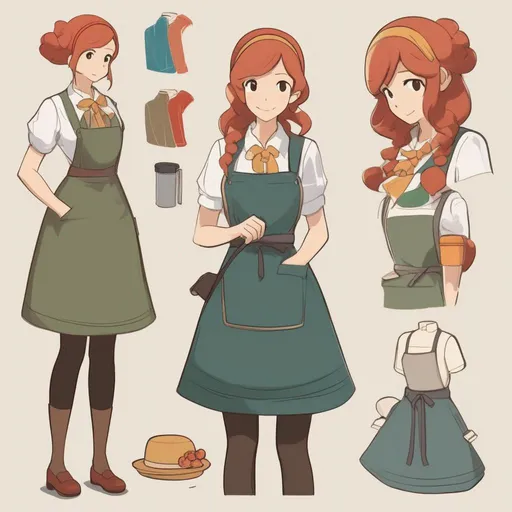 Prompt: professor-layton-style character design concept art for a young woman wearing an apron and brightly colored ghingam dress with red hair