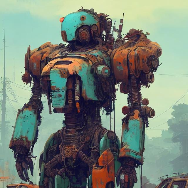 woman in a cyan and rust colored mech suit made of j...