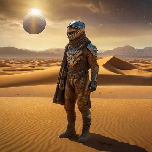 Prompt: Full body portrait of DUNE movie character, Hyper realistic , standing floating in front of a big Desert magical planet, strong features, like a God, desert clothes, hyper detailed, shot on Hasselblad H4D 200MS Digital Camera, Mitakon Speedmaster 65mm f/ 1. 4 XCD, Galaxy, Dimensional effect, Fresnel lighting