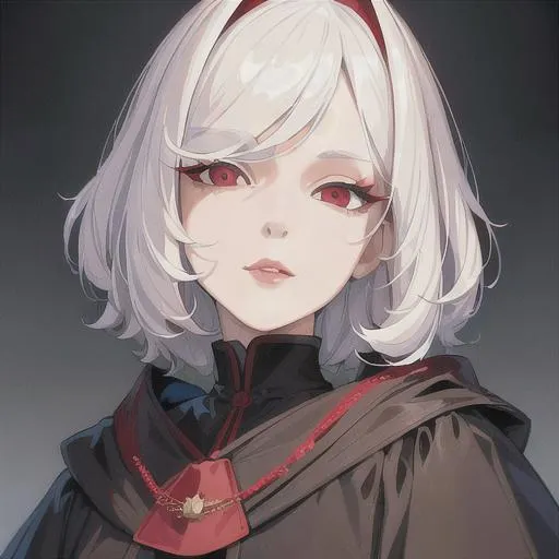 Prompt: (masterpiece, illustration, best quality:1.2), wolfcut, short white hair, red eyes, wearing black robe portrait, mean face, small black crown on top, best quality face, best quality, best quality skin, best quality eyes, best quality lips, ultra-detailed eyes, ultra-detailed hair, ultra-detailed, illustration, colorful, soft glow, 1girl, beautiful woamn, princess like