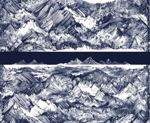 Prompt: Take the drawing style of the upload. Should be fine drawing. Should be a summer scenery. Lake and mountains is the most important.  Just two colors: navy blue and white. No other colors!  This is a handbag design. Design like the Dior Handbag. Abstract drawing. More and bigger mountains in the background.