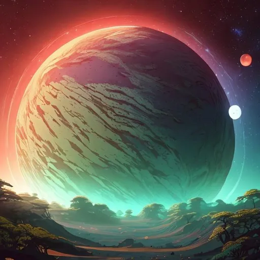 Prompt: Create a picture of Draxarya, a terrestrial planet with a diverse and mesmerizing landscape. The planet is approximately 1.5 times the size of Earth, boasting a gravity slightly stronger than that of our home planet. The surface is predominantly covered by vast, lush forests, adorned with bioluminescent flora that emanate a mesmerizing glow during the dark hours of the planetary rotation. The climate on Draxarya is temperate and mild, making it a pleasant environment for various life forms to thrive. The planet experiences gentle, refreshing rains that sustain its lush forests and fertile lands. The atmosphere is composed of a unique blend of gases, including a higher concentration of oxygen, resulting in a vivid blue sky with occasional wisps of iridescent clouds. Draxarya is orbited by two large moons, Sylvestra and Luminara. Sylvestra, the larger of the two, has a cratered surface that offers an awe-inspiring sight during lunar eclipses. Luminara, on the other hand, is a smaller, tidally-locked moon, which means one side constantly faces the planet while the other side remains in perpetual darkness.