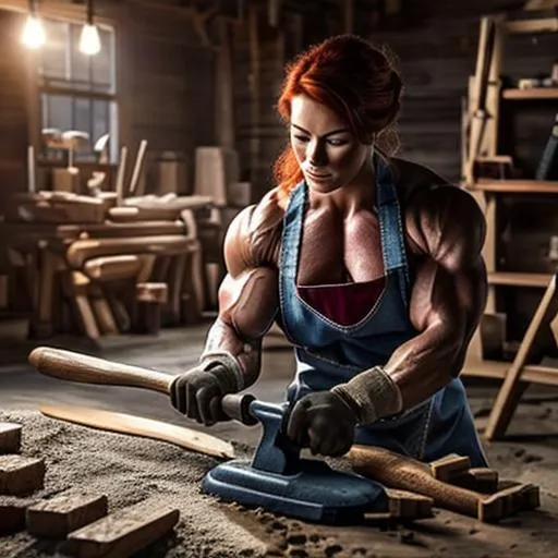 Prompt: {{amazing face, beautiful face, perfect eyes, perfect mouth, hyperrealistic face}} {{woman, red hair, apron}} {{hammer, anvil, sparks, working}} {{woman, muscular female, absurdly large muscles, giant biceps, veins}}, cleavage, hyper realistic, {{blacksmith, forge, fire, anvil in front}}, detailed eyes and mouth, perfect anatomy, perfect composition, approaching perfection, shabby lighting, Detailed and Intricate, Detailed Render, 3D Render, Unreal Engine, by Greg Rutkowski, Concept Art