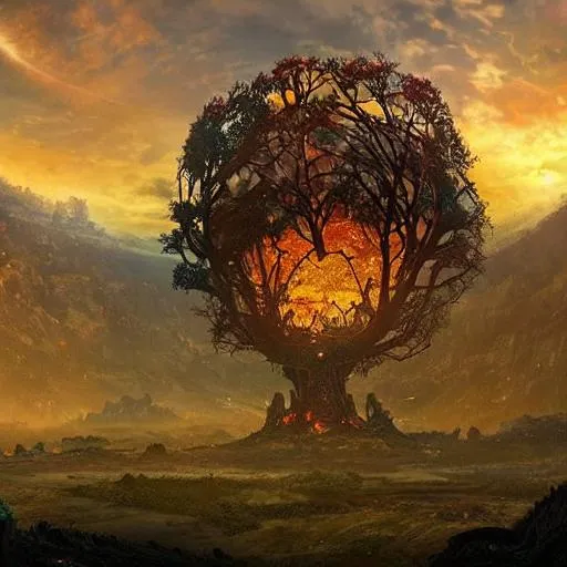 Prompt: The large world of Elden Ring, in the background showing the massive, beautiful, life-giving World Tree with a vibrant glowing gold and red aura on it with a large, very complex and decaying castle the foreground. The sky has a greenish tint to it and the overall picture and area is zoomed out over a large land, a small knight mourning in the foreground and the tone is gothic  fantasy