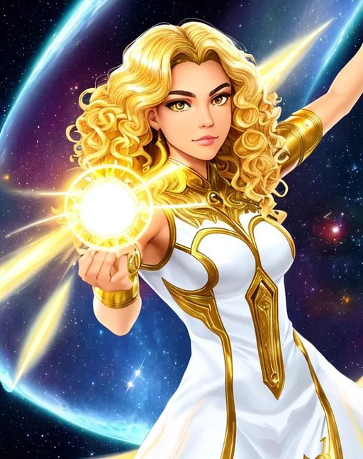 Prompt: A beautiful 15 year old ((Latina)) light elemental with light brown skin and a beautiful face. She has curly yellow hair and yellow eyebrows. She wears a beautiful white dress with gold. She has brightly glowing yellow eyes and white pupils. She wears a gold tiara. She has a yellow aura around her. She is using light magic in battle against a giant space monster. Epic battle scene art. Full body art. {{{{high quality art}}}} ((goddess)). Illustration. Concept art. Symmetrical face. Digital. Perfectly drawn. A cool background.