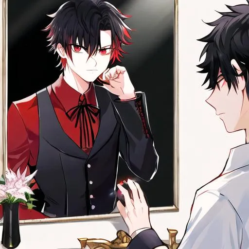 Prompt: Damien (male, short black hair, red eyes) placing his hand on his head, looking in the mirror, staring at his reflection