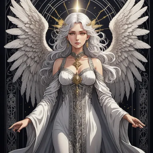 Prompt: tarot card Anime illustration, a silver-haired woman, detailed ornate cloth robe, dramatic lighting, air goddess, queen, angel wings