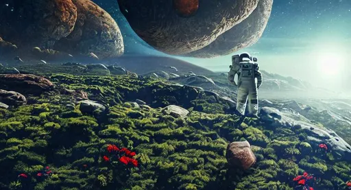 Prompt: astronaut in an alien planet on an exoplanet planet, an alien planet full of life and animals and species and plants and trees and flowers, landscape , floating rocks, high detail photorealistic wide view cinematic lighting 8k ultra hd