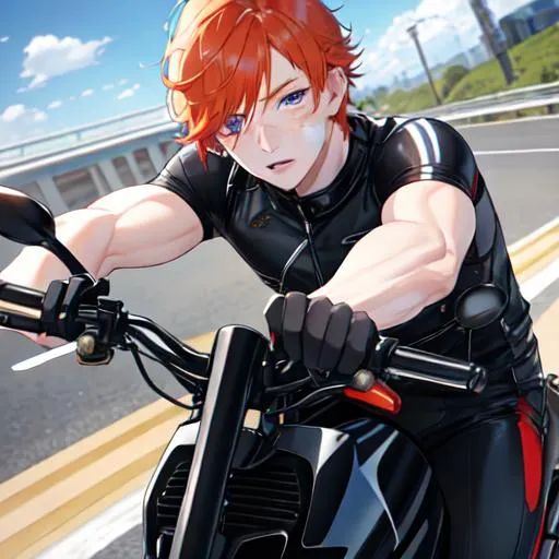 Prompt: Erikku male (short ginger hair, freckles, right eye blue left eye purple) muscular, riding a motorcycle on the freeway, UHD, 8K, Highly detailed, insane detail, best quality, high quality