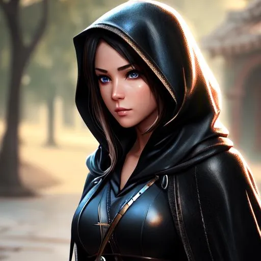 Prompt: extremely realistic, hyperdetailed, assassin girl, hooded, RPG, D&D, highly detailed face, highly detailed eyes, highly detailed body, full body, whole body visible, full character visible, soft lighting, high definition, ultra realistic, unreal engine 5, 8K, digital art