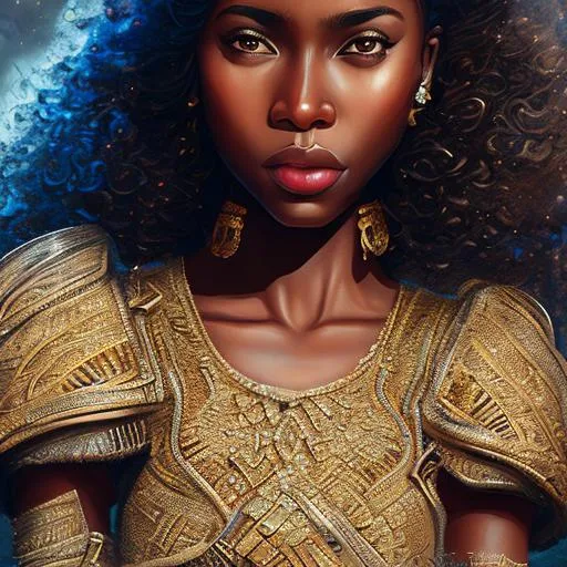 Prompt: Girl with dark skin, lose bronze curls, clear brown eyes, wearing a sliver glittering dress, close up, extremely detailed, novel realistic. Krenz Cushart + loish +gaston bussiere +craig mullins, j. c. leyendecker +Artgerm, oil painting texture oil painting effect. 