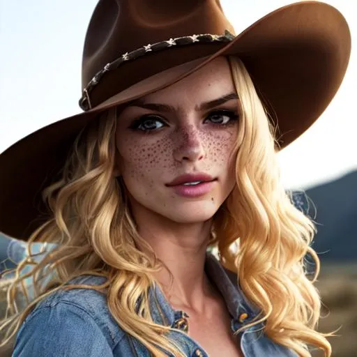 Prompt: a woman,blond hair, freckles, cowboy hat, wavy hair, thin eyebrows, slim nose, sharp jawline