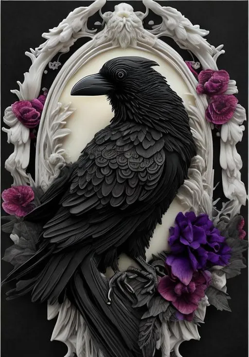 Prompt: One raven in front of an ivory cameo, black, white, red baby cosmo flowers, purple gladiolus flowers, gothic style, sketch 