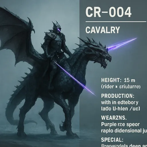 Prompt: CR-004 — Atlı Süvari (Ejder-At hibritleri)

* **Boy:** 15 m (binici + yaratık)
* **Üretim:** kategori içi (500 trilyon / µs)
* **Silahlar:** Mor buz mızrak, hızla boyut atlamaları
* **Özel:** Hızlı baskın ve derin taarruz

