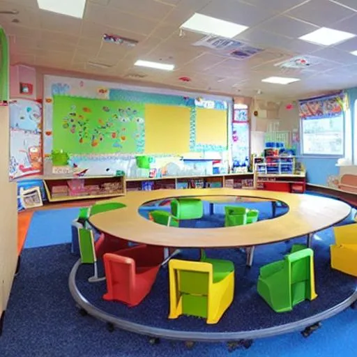 Prompt: classroom with circular seating arrangement, kids classroom, full decoration