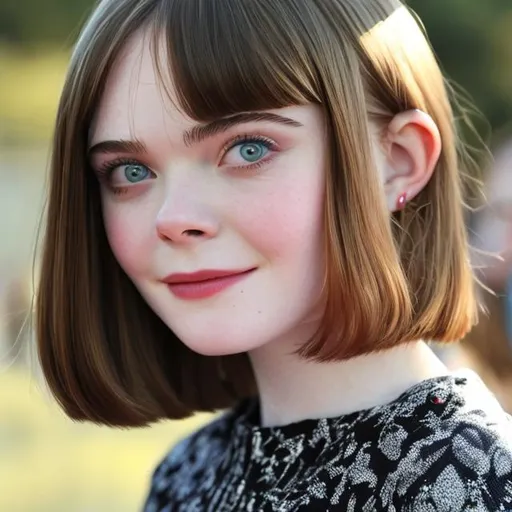Prompt: Elle Fanning looking beautiful with brunette hair cut into a pageboy.