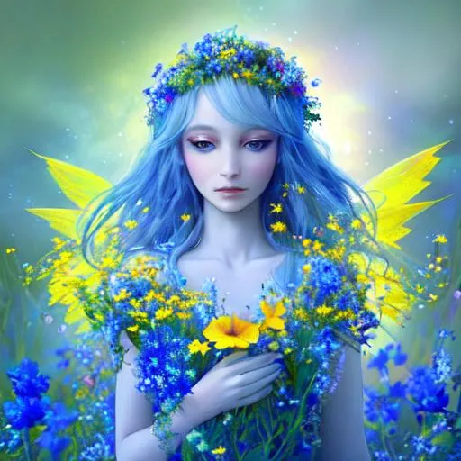 Prompt: fairy goddess of wildflowers ethereal,dreamscape, blue and yellow colors, closeup