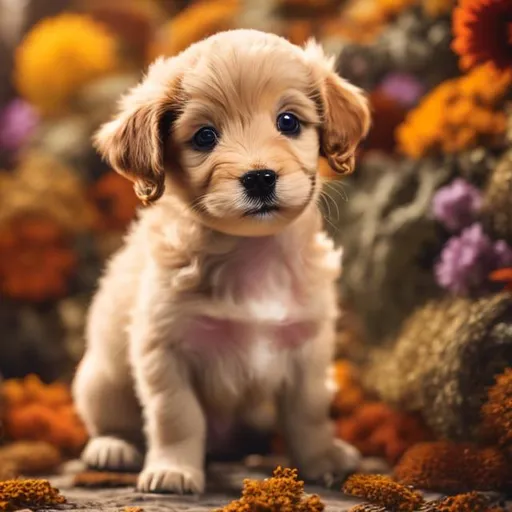 Prompt: A cute little puppy in a boutique of autumn colored flowers looking at the camera 