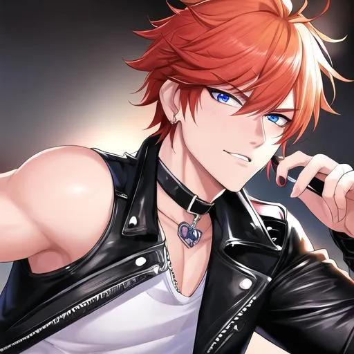 Prompt: Erikku 1male (short ginger hair, freckles, sharp and sassy purple and blue eyes), highly detailed face, 8K, Insane detail, best quality, UHD, handsome, flirty, Highly detailed, insane detail, high quality. Hollywood, famous, leather jacket, tight ripped black jeans, black jewelry, black choker, actor, black sunglasses