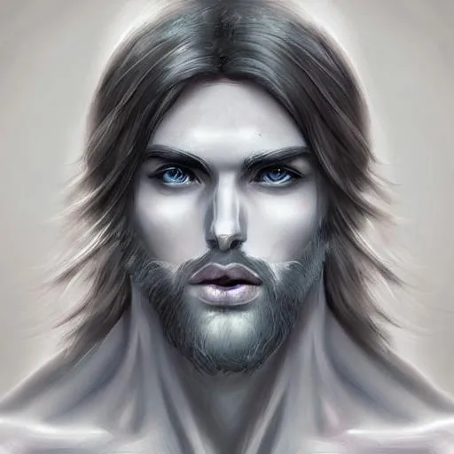 Prompt: male, angel alike, realistic, symetric, Greek nose, white skin, very long platinum hair, thick hairy eyebrows, deep ocean color eyes, detailed face, muscular body, concept art, digital painting.