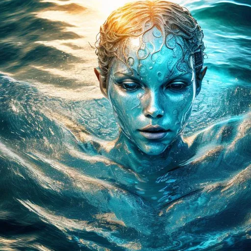 Prompt: water artwork manipulation in the shape of a human body, on the ocean water, amazing water art, ray tracing, realistic water sharp focus, long shot, 8 k resolution, cinematic