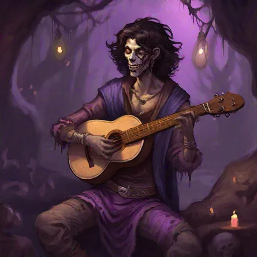 Prompt: Full body splash art of a sweet, youthful, young, handsome, male undead zombie bard, singing and playing the lute, mummified pale face, wavy black hair, skinny, tyrian purple medieval noble page clothes with puffy sleeves, wearing a floppy hat with feathers, D&D, dnd, fantasy, highly detailed, sharp focus, digital painting, trending on artstation, 4k, 8k, unreal engine