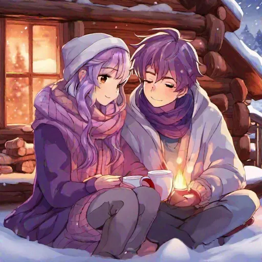 Prompt: there's nothing in this world that can express how much i love you, glow, love, hearts, anime boy(with brown hair) and girl(with purple hair) couple inside a log cabin snuggled up together in front of a log fire trying to keep warm, wrapped in blankets with hot coco besides them, white, silvery snow outside 