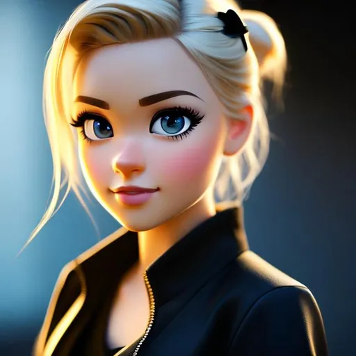 Prompt: Disney, Pixar art style, CGI, girl with short straight Blond hair in one big ponytail, blue eyes, light skin, black glass, young square face, dark background, black shirt, she is serious and emo