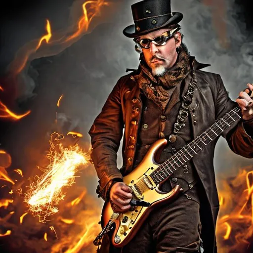 Prompt: A steampunk man playing a stratocaster with fire in the backgorund