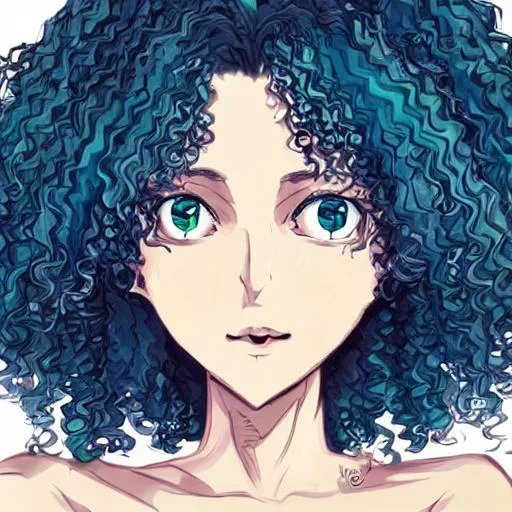 blue curly shoulder length hair caucasian woman, ani... | OpenArt