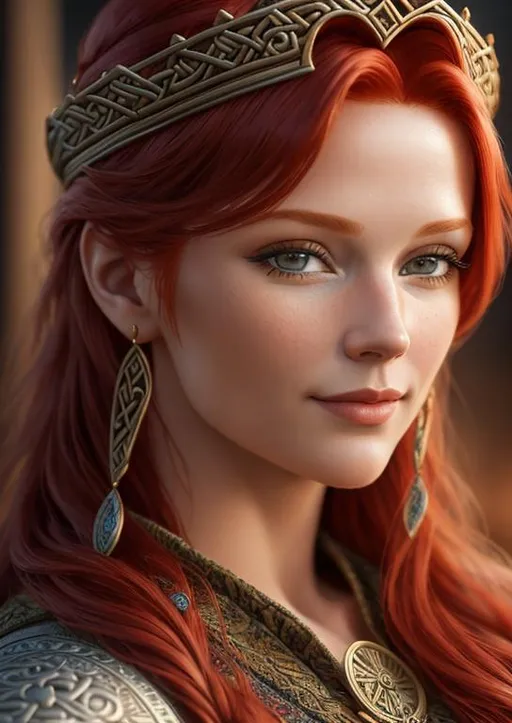 Prompt: highest quality stylized viking woman masterpiece, red hair, award-winning 3d oil painting art, perfect anatomy in perfect composition, long shot, hyper-realistic photography, intricate, 64k, UHD, HDR, (intricate eyes), extraordinary lips, subtle smile, gorgeous eyelashes, highly detailed face, hyper-realistic facial features, cinematic 3d volumetric, dramatic lighting with backlit backlight, by Julia Razumova