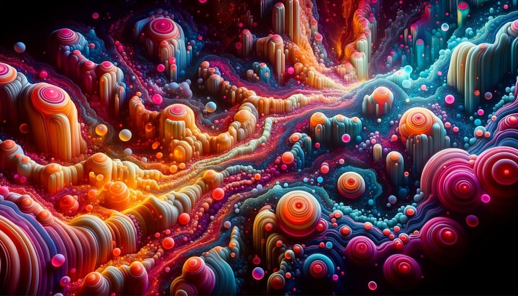 Prompt: Wide artwork showcasing a vibrant, glowing slime mold landscape with abstract patterns and shapes.