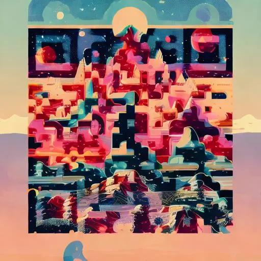 Prompt: mountains, stars and paisley filled sky, artstation, intricate, highly detailed, digital painting, concept art, sharp focus, illustration by Tom Whalen and James Gilleard
