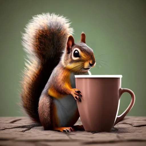 Squirrel with a cup of coffee, sitting in a tree | OpenArt
